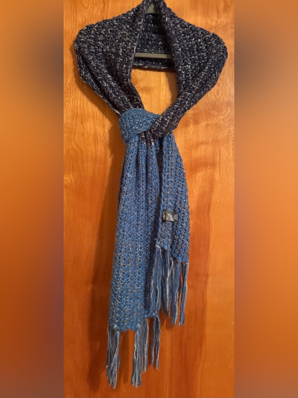 Mixit Blue and Cream Marled Knit Scarf with Fringe and matching hat